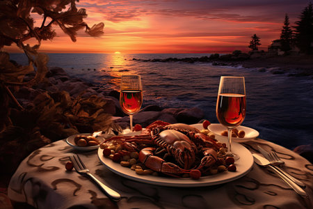 Lobster and wine on the beach at sunset in Montenegro, Dinner with seafood and red wine on the background of sea sunset, AI Generatedの素材
