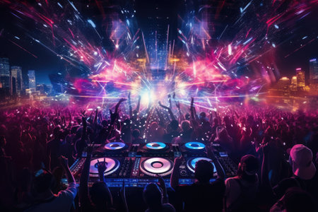 Crowd at a night club with a dj playing music in front of the stage, dj night club party rave with the crowd in music festival, AI Generatedの素材