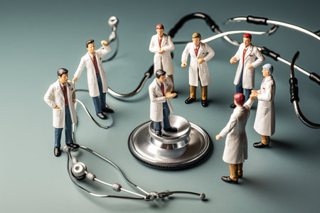 Miniature people: doctors, nurses and stethoscope on grey background, Doctor team with medical stethoscope, top section cropped, AI Generatedの素材