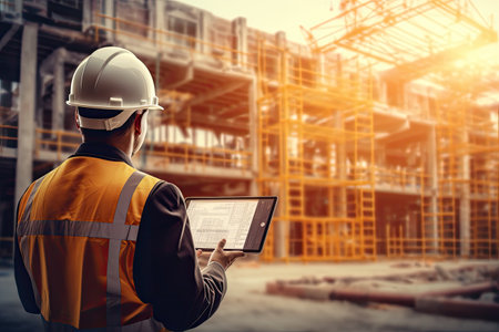 Engineer working with tablet computer at construction site. Engineering and architecture concept, Double exposure of Engineer or architect rear view working with, AI Generatedの素材