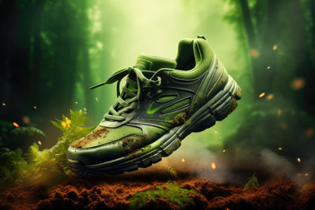 Green sneakers on the ground in the forest. 3d rendering, environmental friendly shoes. Running outdoors in nature concept, AI Generatedの素材