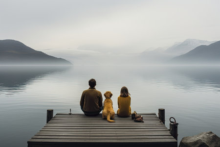 Young couple with dog sitting on wooden pier at fjord in Norway, Family with a small yellow dog resting on a pier and looking at lake and foggy mountains, AI Generatedの素材