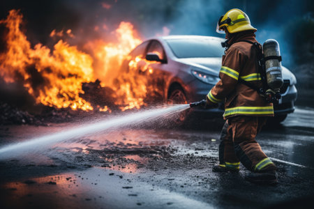 Firefighter fighting a car accident on the road with high pressure water, fireman using water and extinguisher to fighting with fire flame in accident car on the wayside road, AI Generatedの素材