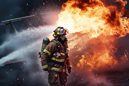 Firefighter with fire extinguisher on the background of a burning airplane, fireman using water and extinguisher to fight fire flame in plane accident, AI Generatedの素材