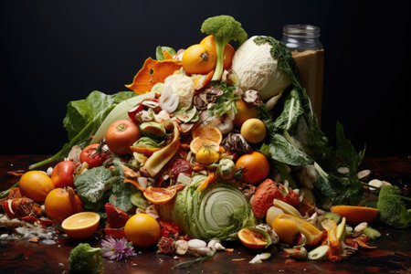 Fruit and vegetable waste in a pile on a wooden table, Food Waste, AI Generatedの素材