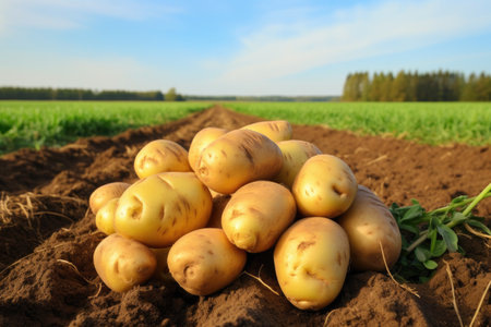 Freshly dug potatoes on the field in the countryside. Selective focus, Freshly picked potatoes on farmer field, healthy organic produce, AI Generatedの素材
