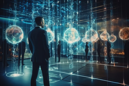 Businessman looking at hologram digital interface. Technology concept. Double exposure, Futuristic business management system and network line hologram, AI Generatedの素材