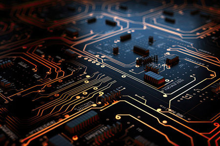 Circuit board. Electronic computer hardware technology. Motherboard digital chip. 3D rendering, Futuristic technology wallpaper with digital waves and circuit board patterns, Black, AI Generatedの素材