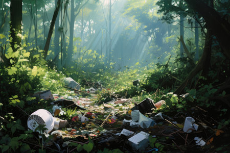 Garbage in the forest. Garbage in the forest. Environmental pollution, Garbage pile in forest among plants. Toxic plastic into nature everywhere, AI Generatedの素材