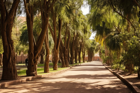 Tropical park with palm trees and pathway in morocco, Garbage pile in forest among plants. Toxic plastic into nature everywhere, AI Generatedの素材