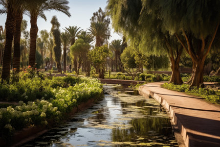 Garden with palm trees and a small canal in Dubai, United Arab Emirates, Garbage pile in forest among plants. Toxic plastic into nature everywhere, AI Generatedの素材