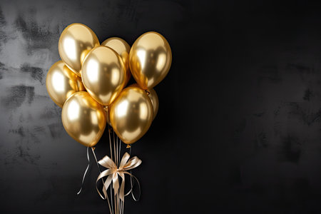 Golden balloons with ribbons on dark background. 3D Rendering, Gold balloons bunch on a black wall background, AI Generatedの素材