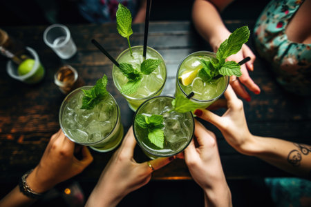 Mojito cocktail with lime and mint in the hands of women, Happy friends group cheering mojito drinks at cocktail bar restaurant, top view, no face, AI Generatedの素材