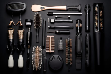 Professional hairdresser tools on black background. Top view, Hairdresser tools and accessories on black background, top view, AI Generatedの素材
