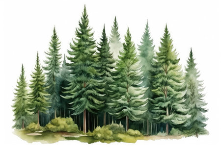 Pine forest on white background. Watercolor hand drawn illustration, Hand drawn watercolor coniferous forest illustration of spruce, AI Generatedの素材