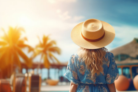 Young woman in blue dress and straw hat on the tropical beach, Happy travel woman on vacation concept. woman rear view, AI Generatedの素材