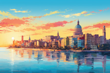 Chicago skyline at sunset, USA. Vector illustration in watercolor style, Capitolio building in Havana Cuba, AI Generatedの素材