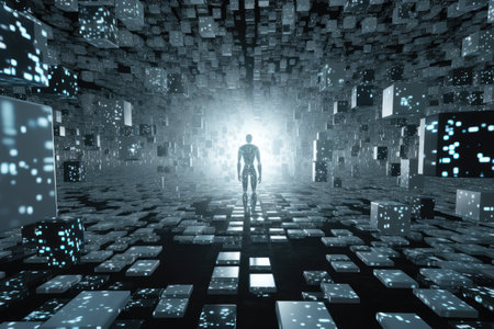 Futuristic cyberspace with human figure and glowing lights 3D rendering, humanoid robot walks through  the  fourth dimension space , AI Generatedの素材