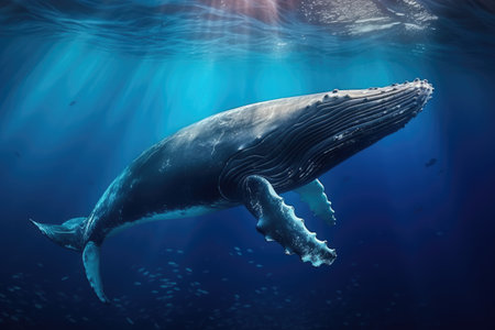 Humpback whale swimming in deep blue ocean. This image is a 3d render illustration, Humpback whale swimming underwater in blue water. Marine life, AI Generatedの素材
