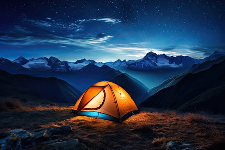 Tourist tent in the mountains at night with starry sky, Illuminated camp tent under a view of the mountains and a starry sky, AI Generatedの素材