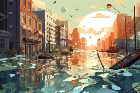 Illustration of a flooded street in the city at sunset. Vector illustration, illustration of flood water disaster in city, AI Generatedの素材