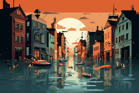 Illustration of a beautiful old town at sunset. Vector illustration, illustration of flood water disaster in city, AI Generatedの素材