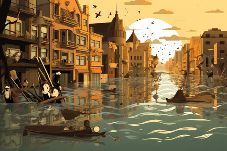 old european city on the water at sunset, vector illustration, illustration of flood water disaster in city, AI Generatedの素材