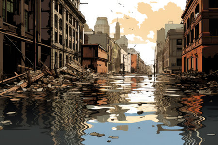 Illustration of a flooded street in San Francisco, California, USA, illustration of flood water disaster in city, AI Generatedの素材
