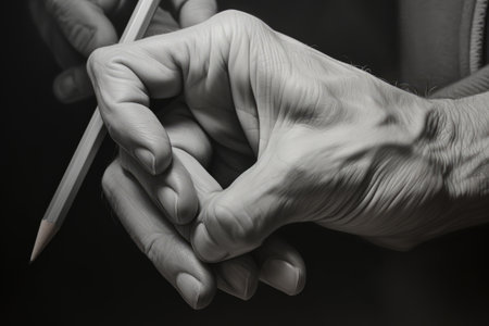 Hands with a pencil on a black background, close-up, image of a hand skillfully drawing on a paper press, AI Generatedの素材