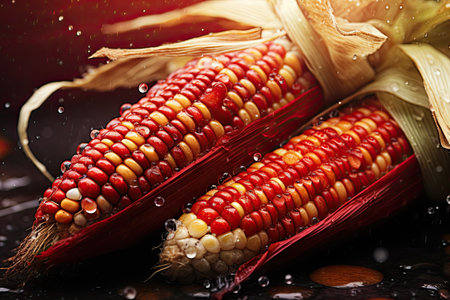 Red corn on the cob with drops of water on a black background, imagine Recreation artistic of cobs corn in a maizefield with red corn grains with drops rain sliding, AI Generatedの素材