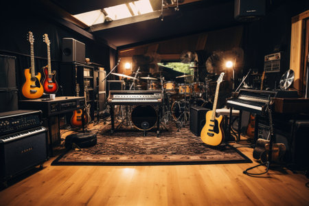 Interior of a recording studio with electric guitar and sound equipment, Indoor recording studio with guitars amps and pianos, AI Generatedの素材