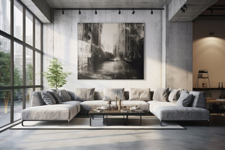 Interior of modern living room with concrete walls, concrete floor, gray sofa and coffee table. 3d rendering, Interior of modern living room with white walls, concrete floor, AI Generatedの素材
