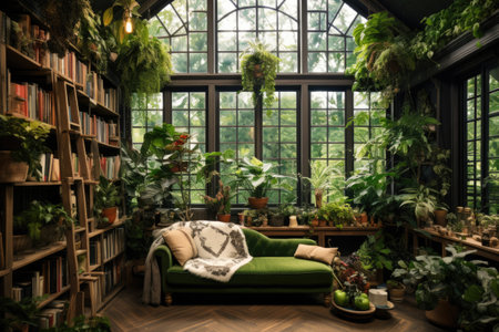 Interior of a living room with a green sofa and plants, Interior design room with a lot of plants, AI Generatedの素材
