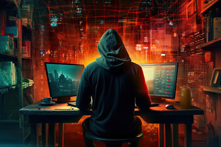 Hacker in hoodie sitting at desk with computer in dark room, Internet security protection from hacker attacking. Cyber attack and Network Security Concept, AI Generatedの素材