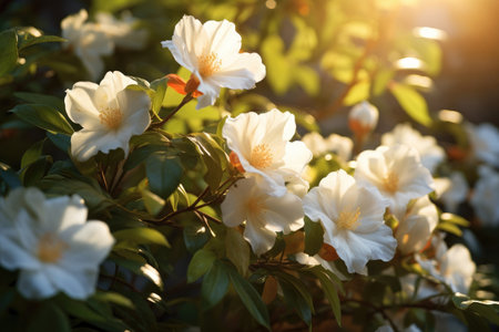 Beautiful white rhododendron flowers in the sunlight, jasmine flowers in a garden, AI Generatedの素材