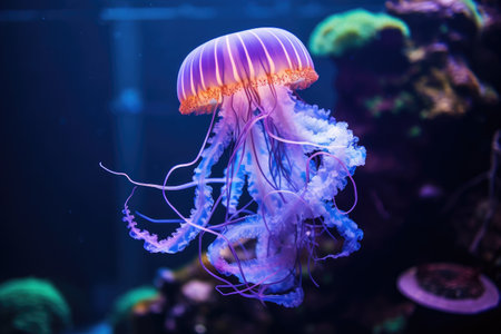 Beautiful jellyfish in the aquarium. Underwater world. Jellyfish, Jellyfish in the aquarium. Picture of a beautiful jellyfish, AI Generatedの素材
