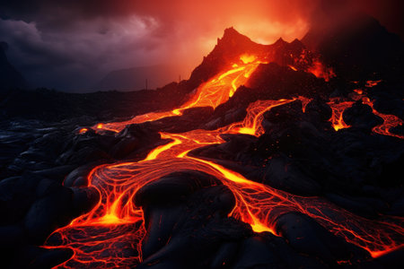 Volcanic eruption in Hawaii Volcanoes National Park, USA, lava flowing lava into a mountain, AI Generatedの素材