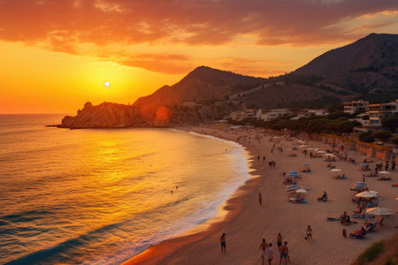 Sunset on the beach in Calpe, Alicante, Spain, Kaputas beach. People enjoy sun and sea at the beautiful turquoise sea and sandy beach of KaputaÅ. Sunset over the sea in the background, AI Generatedの素材
