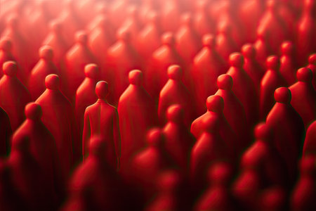 3d rendering of a group of people in front of a red background, Leadership and teamwork concept with 3d illustration of a man in front of a crowd of red people, AI Generatedの素材