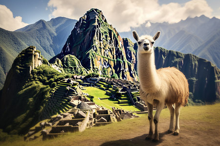 Llama and the ruins of the ancient city of Machu Picchu, Lama And Machu Picchu, AI Generatedの素材
