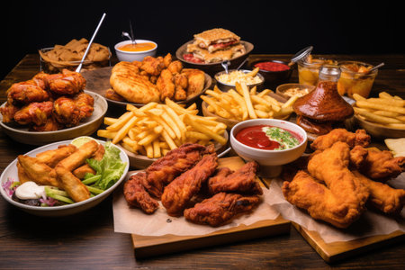 Fast food on a wooden table. Fried chicken wings, french fries, nuggets and sauces, large table of assorted take out food such as pizza, french fries, onion rings, fried chicken and, AI Generatedの素材