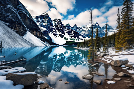 Mountains reflected in Lake Louise, Banff National Park, Alberta, Canada, Lake Moraine, Banff national park, AI Generatedの素材