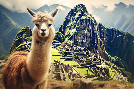 Llama in the ancient city of Machu Picchu, Peru, Lama And Machu Picchu, AI Generatedの素材