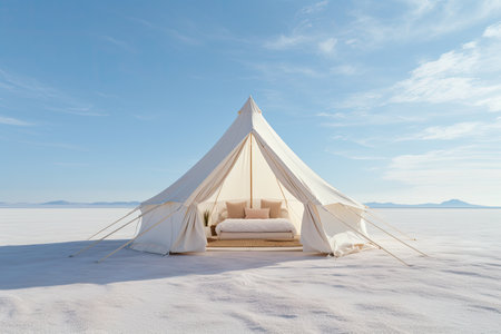 White tent in the salt flat of Salar de Uyuni, Bolivia, light white and wood tent in the white desert, AI Generatedの素材