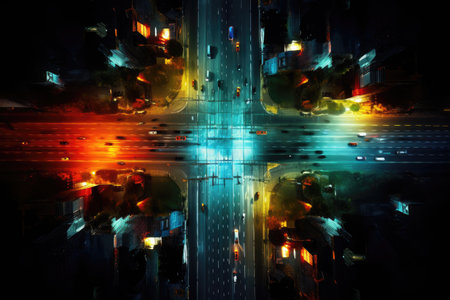 Aerial view of highway intersection with cars at night in city, lights on the street. Expressway top view, traffic light painting, AI Generatedの素材