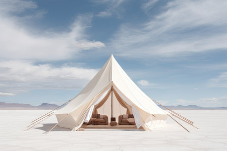 Tent in the desert. 3D rendering. Elements of this image furnished by NASA, light white and wood tent in the white desert, AI Generatedの素材