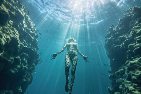 Underwater woman in the ocean. Underwater world. 3d rendering, Female apnea bikini swims in the crystal sea, AI Generatedの素材