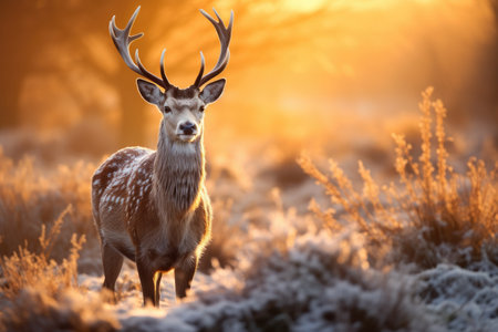 Fallow deer lat. Dama Dama in winter sunrise, Fallow deer stag during rutting season at sunrise in winter, AI Generatedの素材