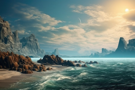 Alien Planet - 3D Rendered Computer Artwork. Rocks and sea, Fantasy Landscape with Mountain and the sea. 3D rendering, AI Generatedの素材