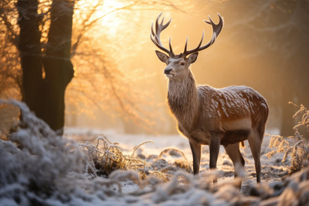 Fallow deer in the winter forest at sunrise. Wildlife scene from nature, Fallow deer stag during rutting season at sunrise in winter, AI Generatedの素材